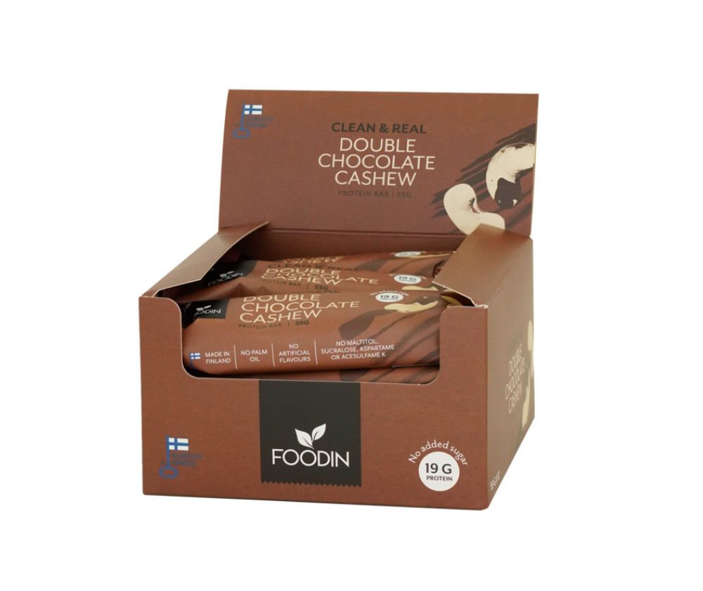 12 kpl Foodin Clean & Real Protein Bar, 55&nbsp;g, Double Chocolate Cashew