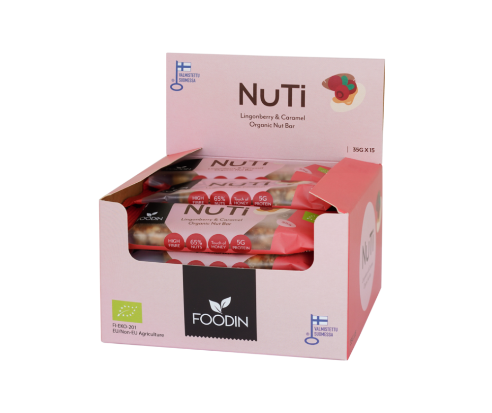 15 kpl Foodin NUTI, 35&nbsp;g, Lingonberry & Caramel