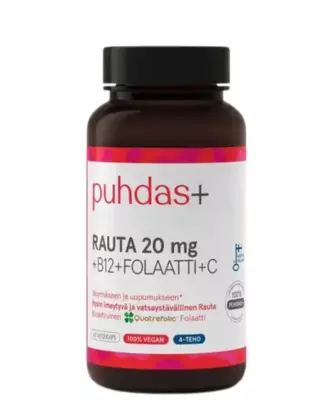 Puhdas+ Rauta 20 mg + B12 + Folaatti + C, 60 kaps.