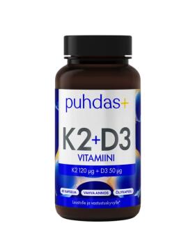 Puhdas+ K2 vitamiini 120 µg +D3-vitamiini 50 µg, 60 kaps.